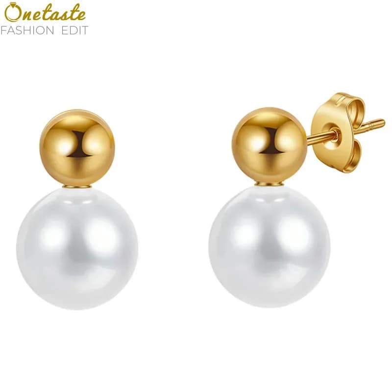 Shell Pearl Stud Earrings with Gold Tone Ball Top Stainless Steel Hypoallergenic Women's Jewelry Gift for Everyday Wear