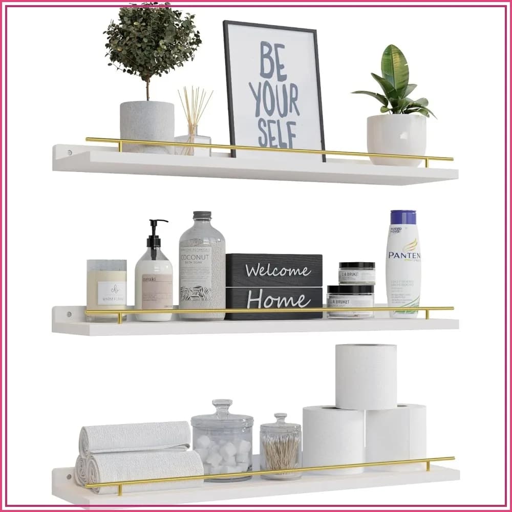 24 Inch Floating Shelves with Gold Metal Guardrail, Set of 3, Wall Shelves for Bedroom, Bathroom, Kitchen, Living Room, Plants, Picture Frames