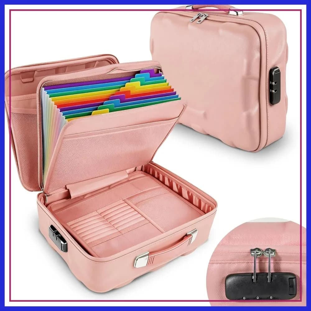 Scatola Portadocumenti Ignifuga con Serratura, Cartella a Fisarmonica con 13 Tasche, Cassetta di Sicurezza Portatile per Ufficio, Rosa
