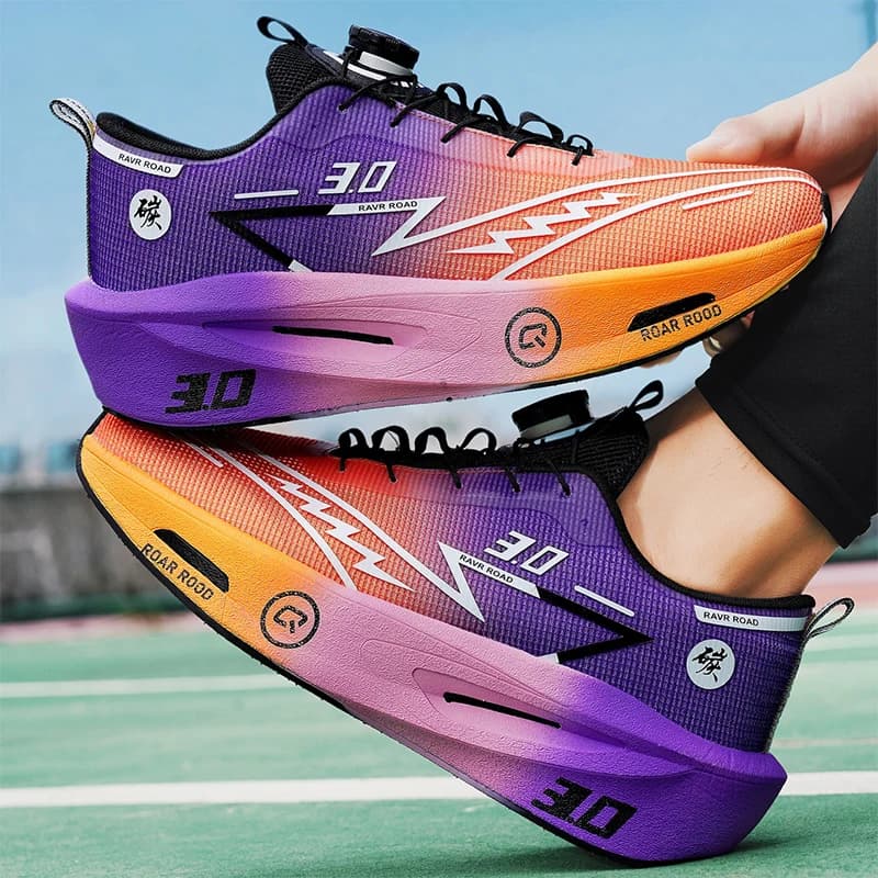Sports shoes with mesh surface and rotating button for boys and teenagers, ultralight racing shoes with carbon plate for girls
