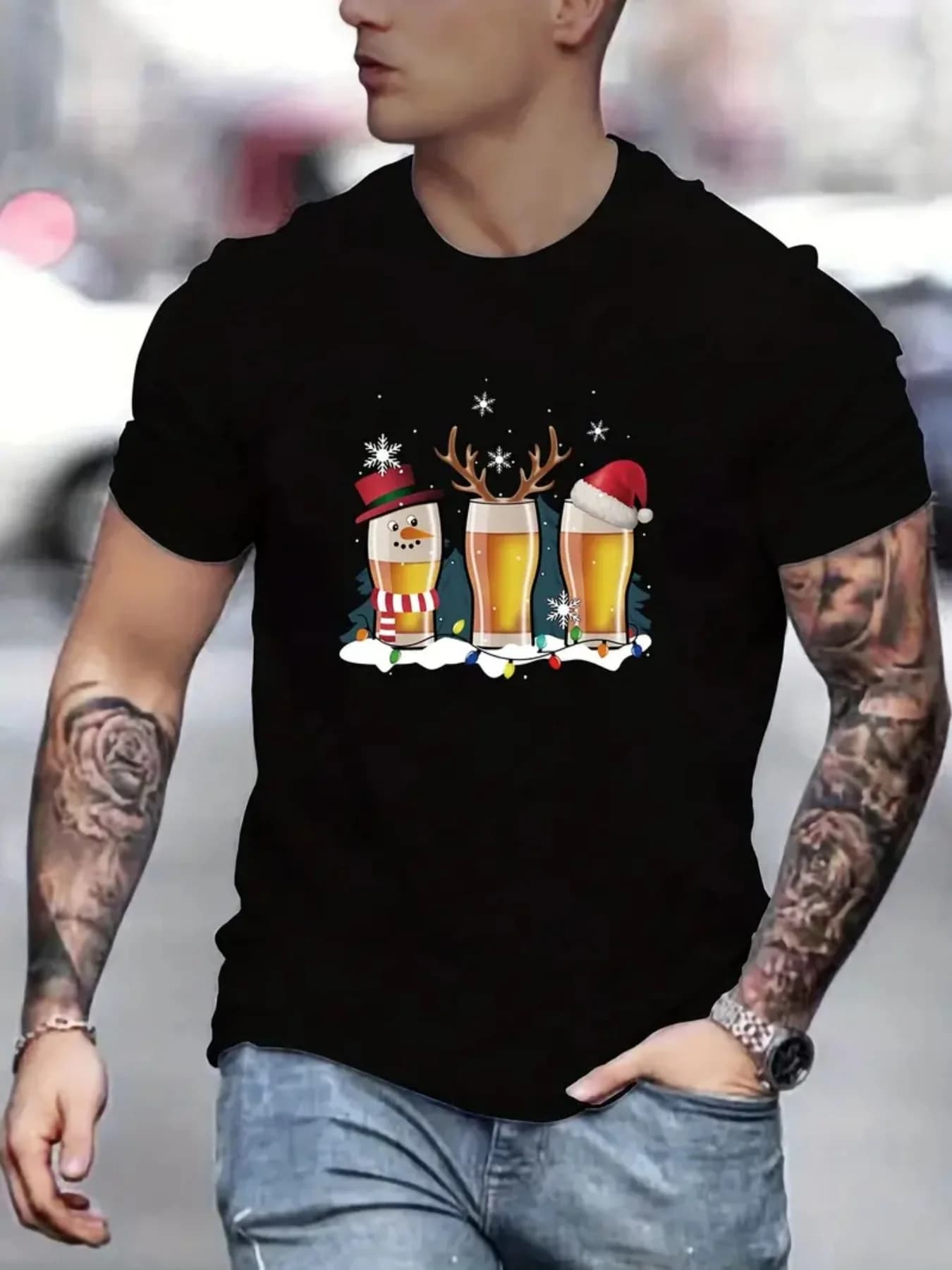T-shirt grafica per tazza da birra natalizia da uomo, girocollo bianco SS, stampa di cappelli da Babbo Natale, estate leggera, vacanza lavabile in lavatrice