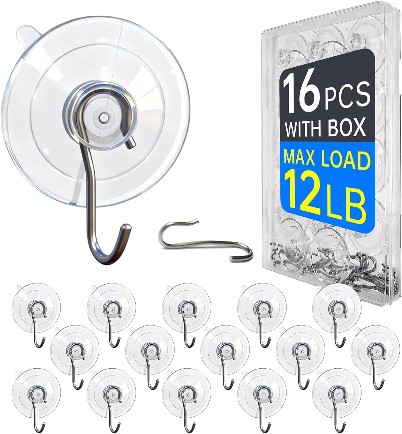 Confezione da 16 Ganci a Ventosa Trasparenti in Acciaio Inox 304, Resistenti fino a 5,5 kg, per Bagno, Cucina, Vetro e Piastrelle, Riutilizzabili e Rimovibili