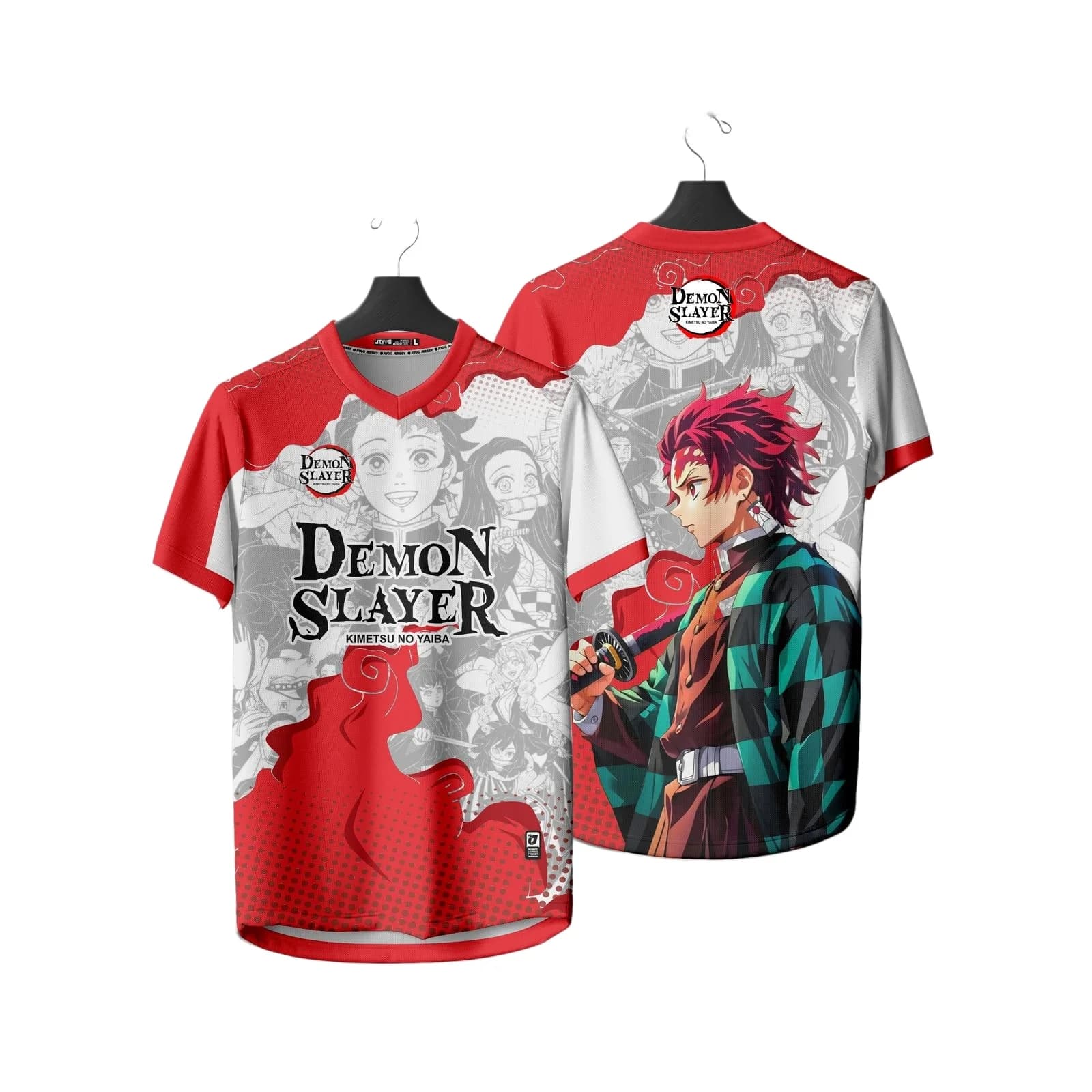 Maglietta Sportiva con Scollo a V Rossa e Bianca di Demon Slayer Tanjiro Kamado, T-Shirt con Grafica Anime