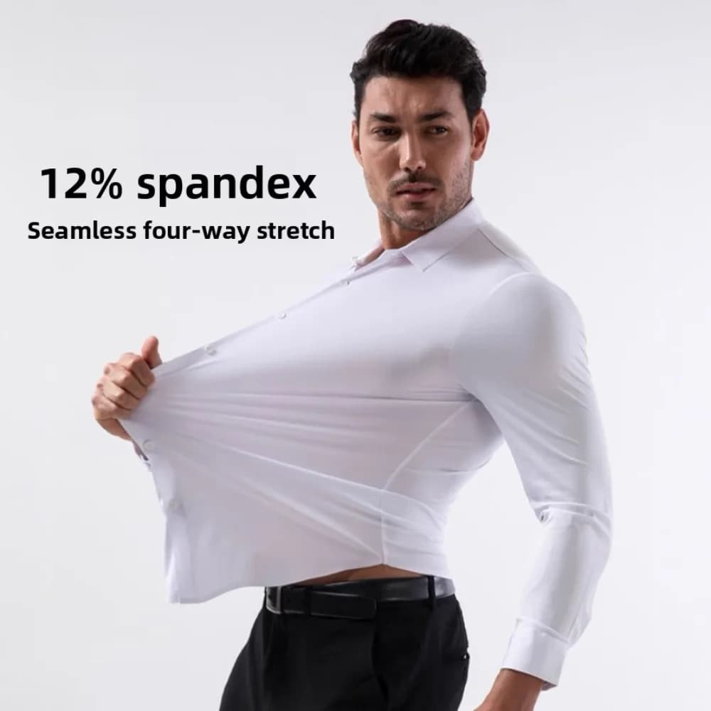 Camicia da uomo a maniche lunghe in seta elasticizzata a 4 direzioni - Camicia elegante in stile europeo per tutti i giorni e l'ufficio
