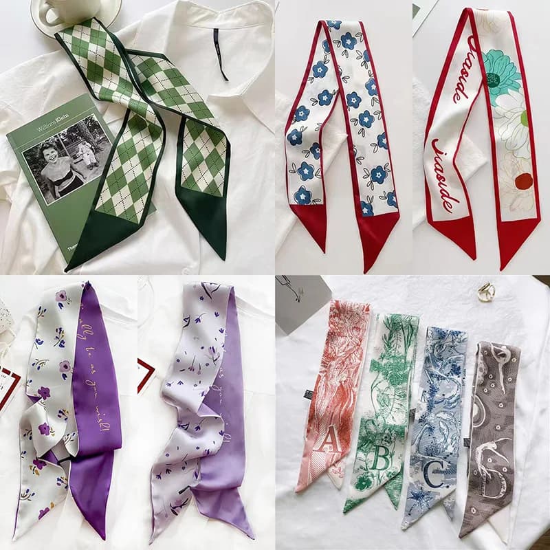 Small white silk scarves and keep of light color from woman, thin stars spinning in spring and summer, tied hair, bag decoration