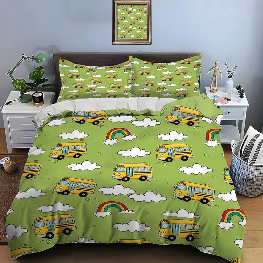 Set di biancheria da letto con stampa di autobus scolastici gialli, nuvole e arcobaleni, 1 copripiumino, 2 federe per adulti e bambini, regalo di lusso, misura completa