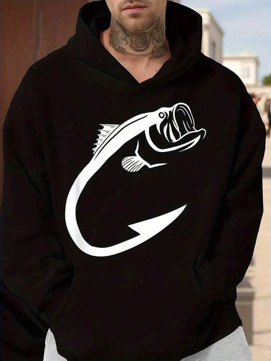 Felpa con cappuccio con stampa grafica Fish Fishing Hook per uomo e donna, felpa casual streetwear nera