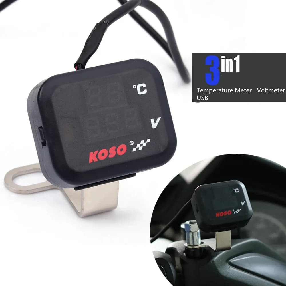 3 in 1 universal KOSO motor voltmeter thermometer indicator voltage digital display USB charger for Vespa TMAX XMAX