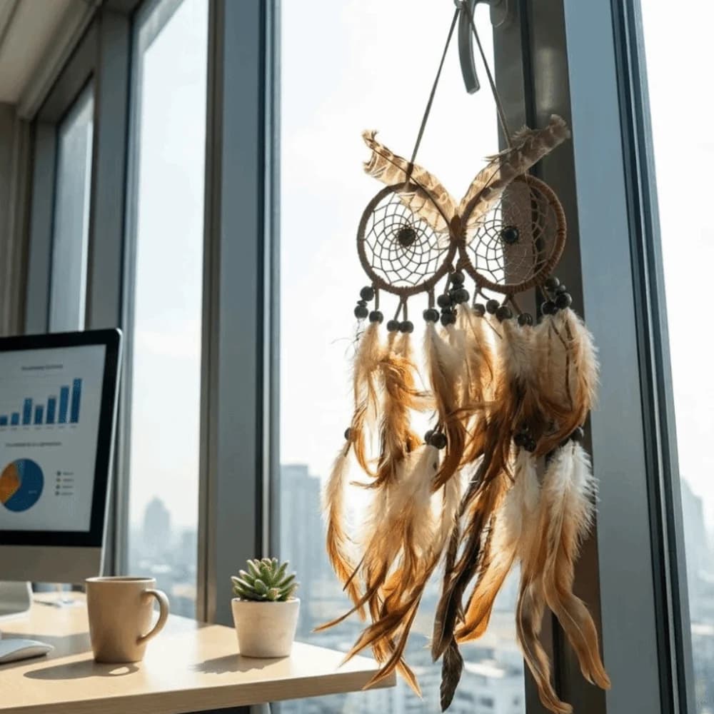 Ornaments Owl Shaped Dream Catcher Handcrafted Circular Net Dreamcatcher Net Brown Feathers Wall Hanging Gift