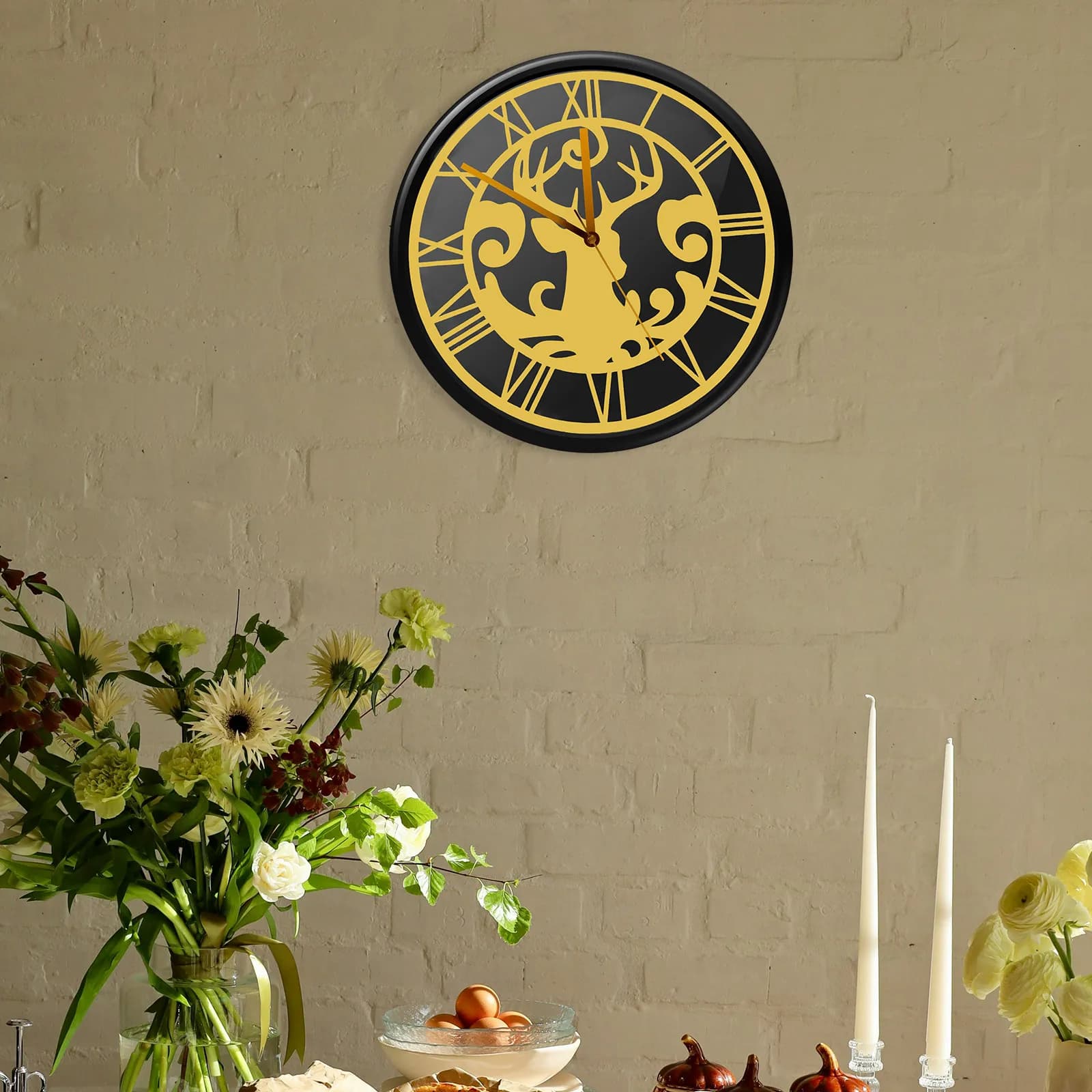 2Pcs Acrylic Circle Mirror Wall Sticker Deer Theme Roman Clock Numbers Bright Reflective Decor for Living Room Bedroom Office