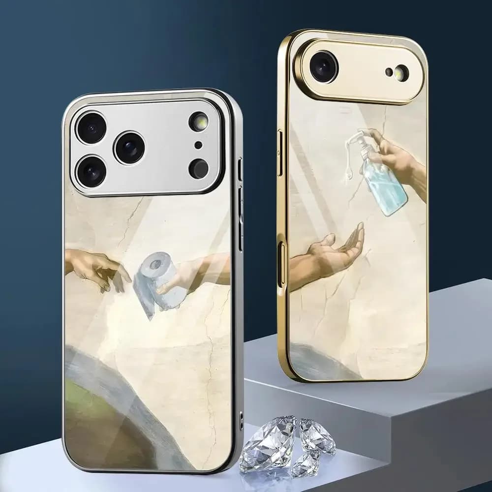 Hand of God and Adam Phone Case For iPhone 17 16 15 14 13 12 Pro Max Plus Electroplated Metal Bumper Shockproof Case