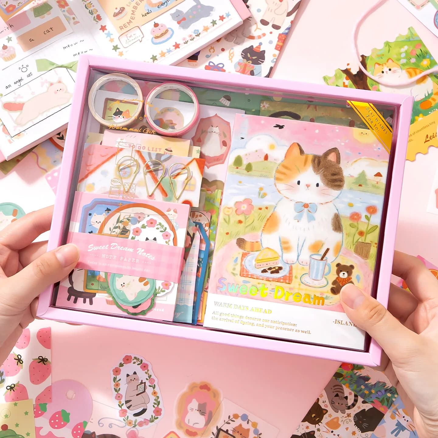 1Box Kawaii Cat Journal Stationery Gift Box, Washi Tape Stickers Memo Paper Scrapbook Kit