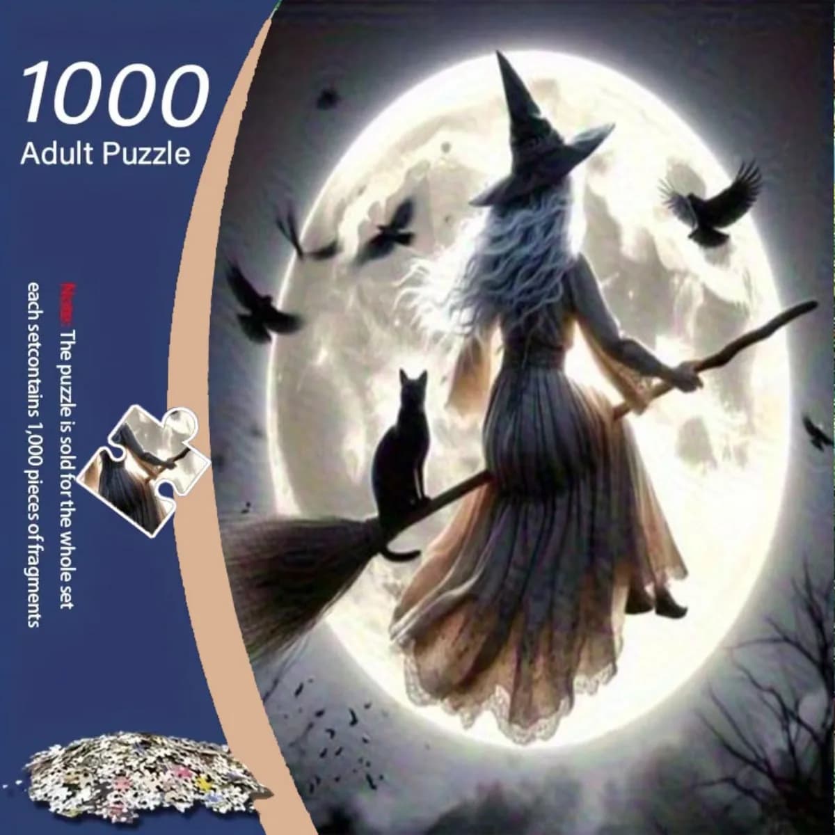 1000pcs Witch on Broomstick, Black Cat & Crows Under Full Moon - Halloween Gothic Puzzle for Adults & Families - Large Jigsaw