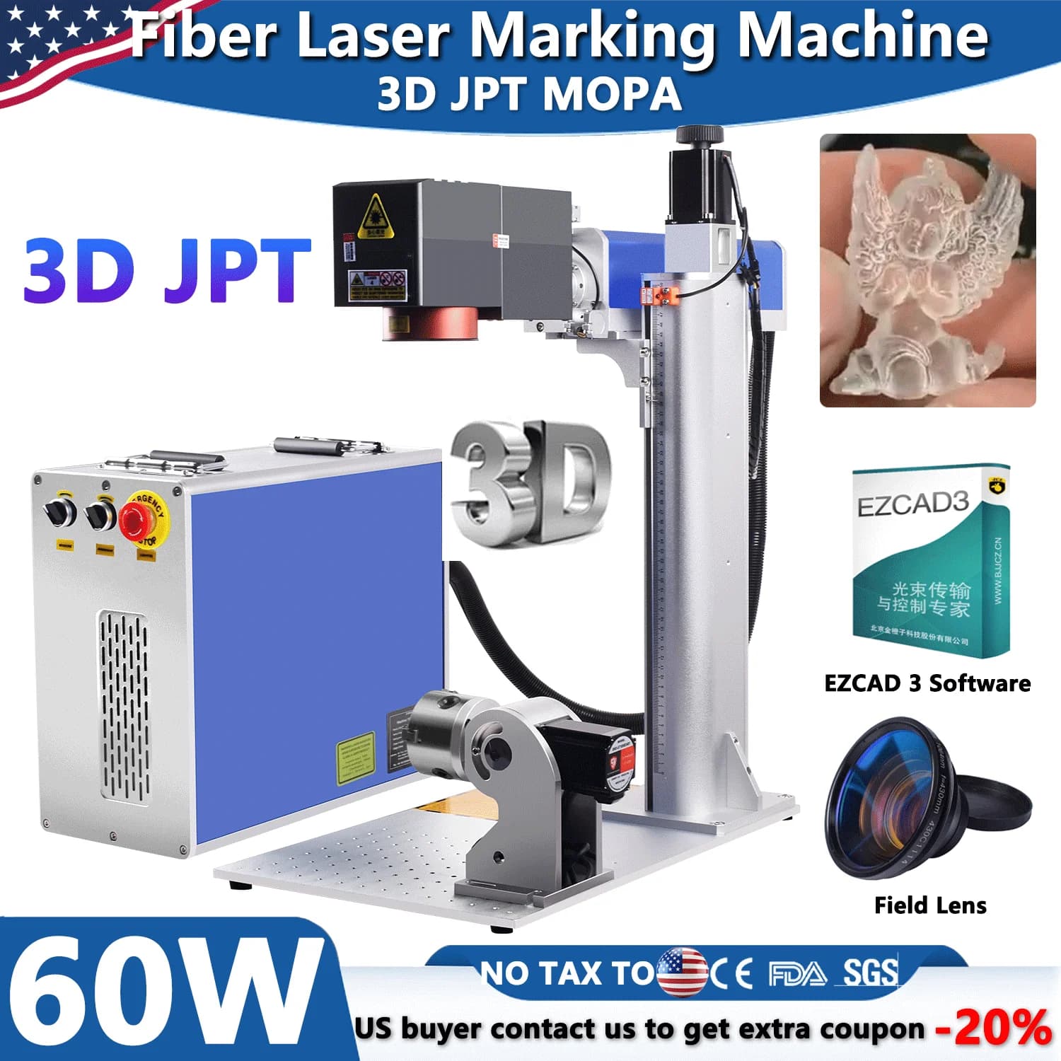 Macchina per Marcatura Laser a Fibra 60W 3D JPT MOPA con Sistema di Incisione Profonda EZCAD3 per Metalli, Armi e Gioielli