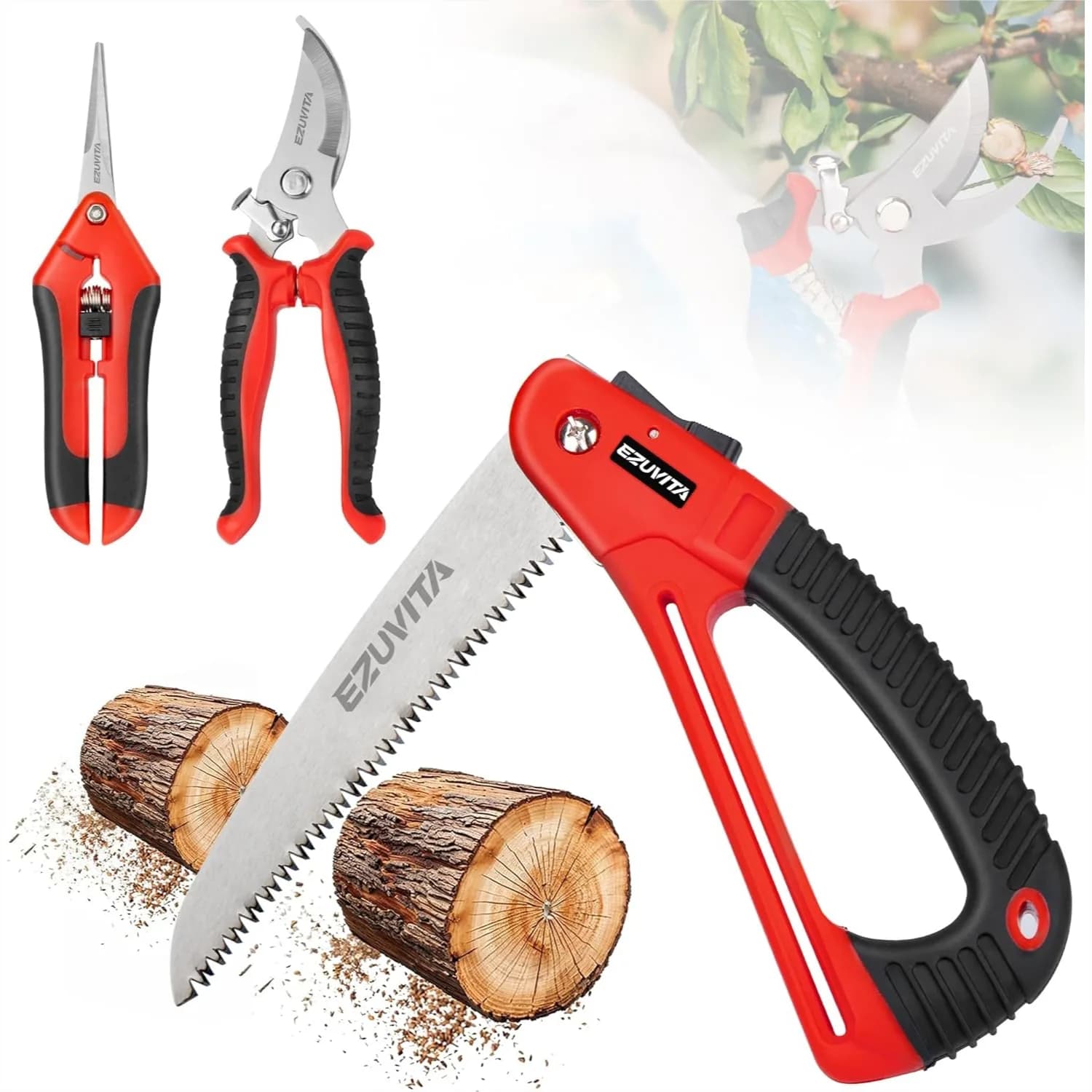 Sega Pieghevole da Giardinaggio con Set di Cesoie e Forbici, Sega a Mano da 7 Pollici, Forbici in Acciaio Inossidabile, Utensili Professionali per Legno