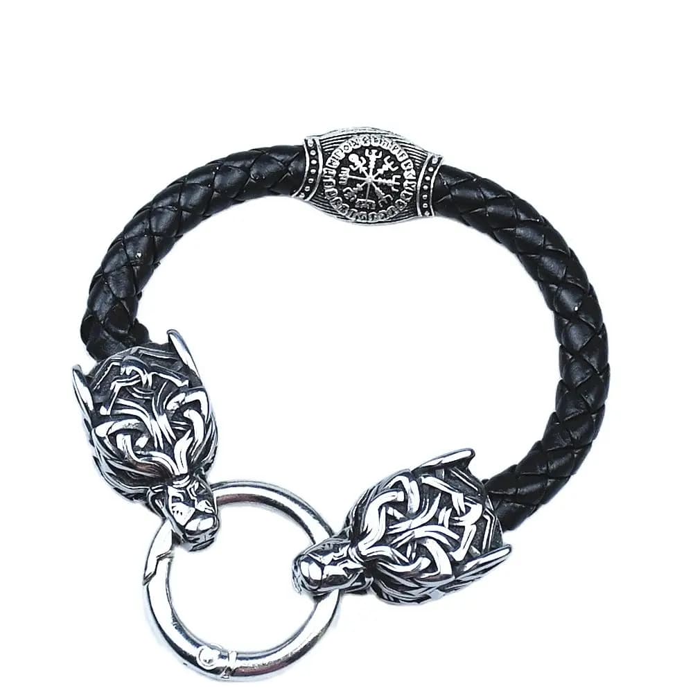 Bracciali con testa di lupo in acciaio inossidabile per donna uomo gioielli con bracciale in pelle con perline Rune vichinghe