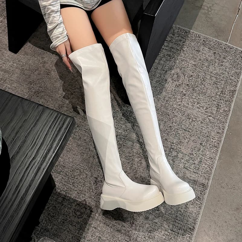 Plus Size Women Over The Knee Boots, Platform Mid Heel Slip On Boots, Soft PU Stretchy Long Thigh High Boots
