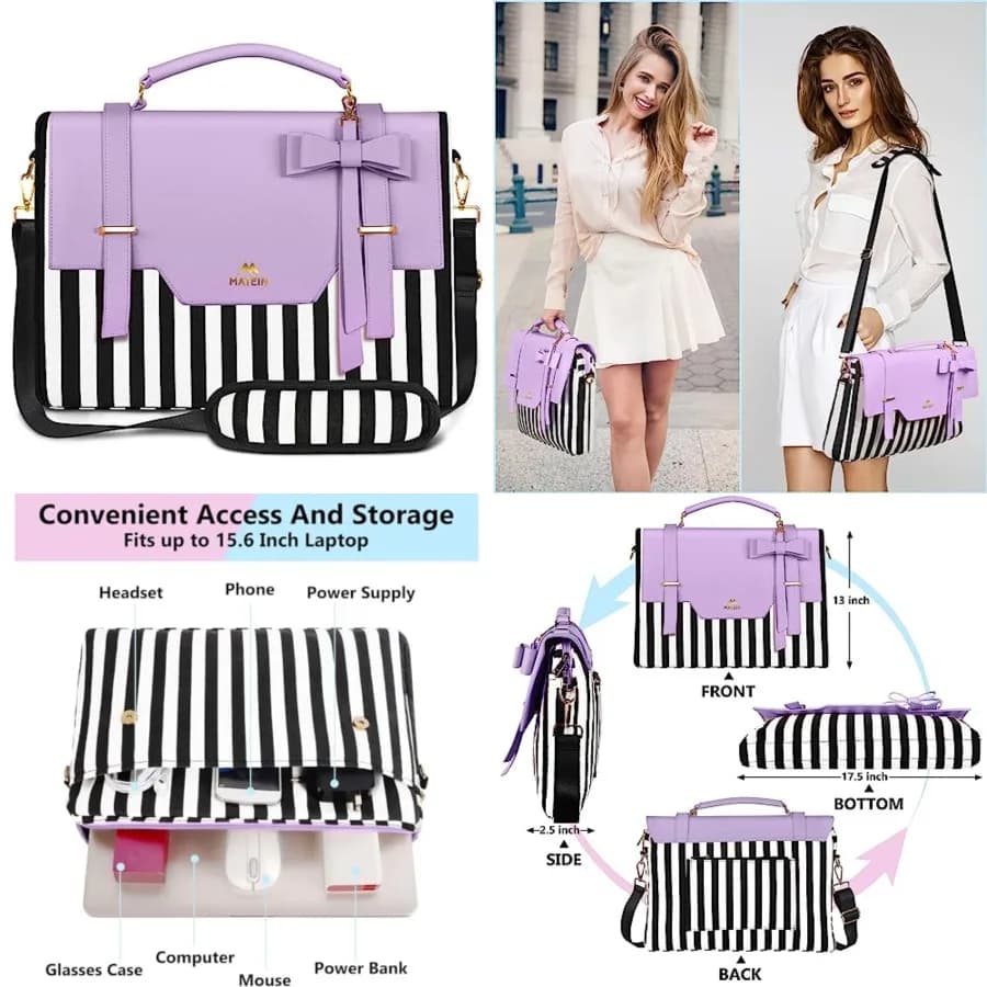 Borsa per laptop da donna, custodia grande per computer con tasca RFID e fiocco, graziosa borsa a tracolla leggera.
