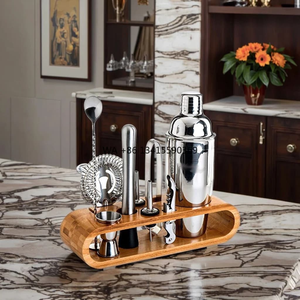 Vendita diretta in fabbrica Set di shaker per cocktail da 9 pezzi con struttura ovale in legno con struttura in acciaio inossidabile