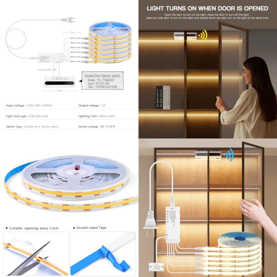 COB LED Strip Lights 12V, 6-in-1 Door Sensor Control Under Cabinet Lighting Kit with 60W Adapter Flexible LED Tape Light for DI