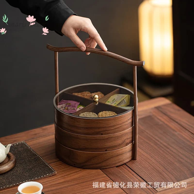 Black walnut four-grid dried fruit plate Home living room snack plate Housewarming melon seeds nut candy plate