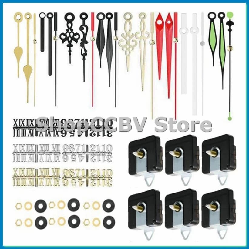 Kit Meccanismo Orologio da Parete Fai-da-te al Quarzo da 16mm, 6 Pezzi, con 8 Diverse Coppie di Lancette e Set di 6 Numeri per Orologio - A50M