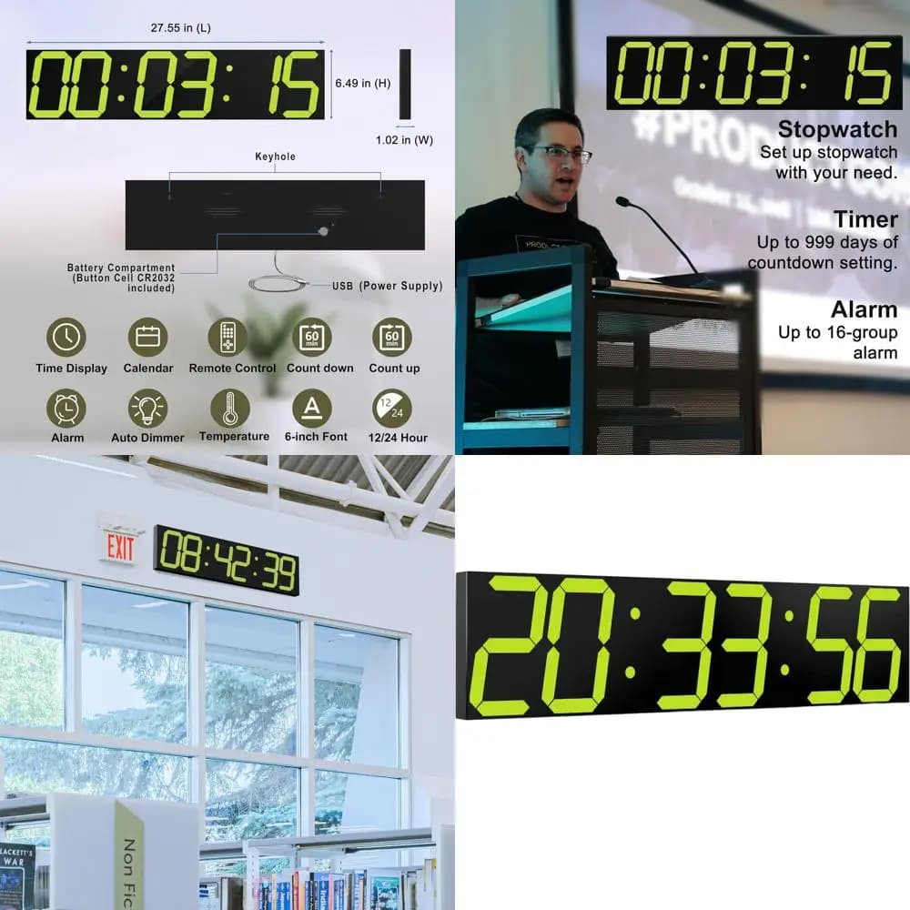 Large 27-LED Wall Clock with Automatic Darkening, Timer Rovescia Count, Remote Control, Display Date and Temperature (Giallo)