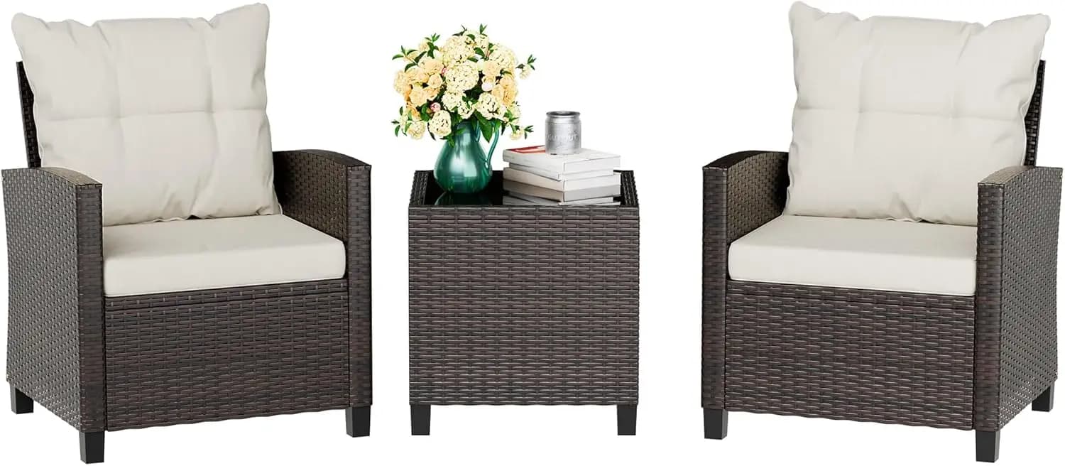 Beige compact 3-piece rattan wicker front porch bistro set with cushioned chairs and glass tabletop, lightweight outdoor furniture for lawn, garden, backyard, balcony and poolside