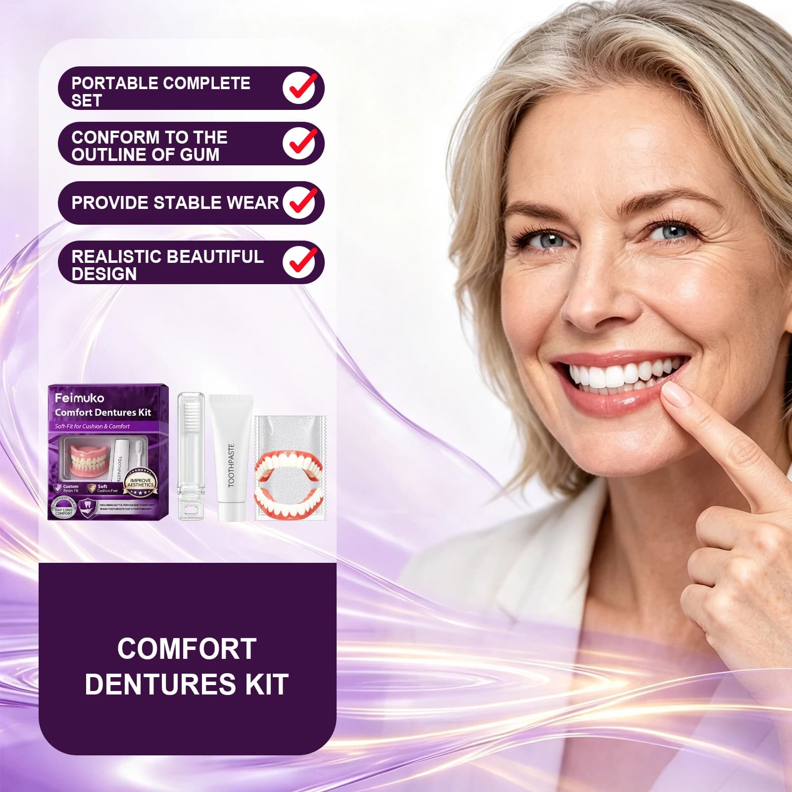Premium Denture Kit With Fixed Cleaning Accessories Soft Natural Instant Smile Upper Lower Veneers High Quality False Teeth Set