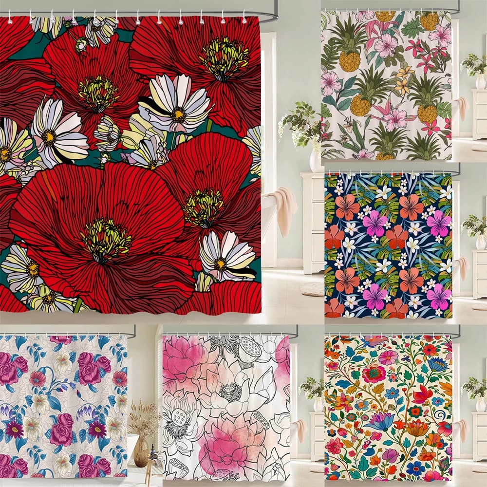 Fiori ad acquerello Tende da doccia floreali Piante pastorali primaverili verdi Decorazioni per la casa per il bagno Tenda da bagno in tessuto poliestere