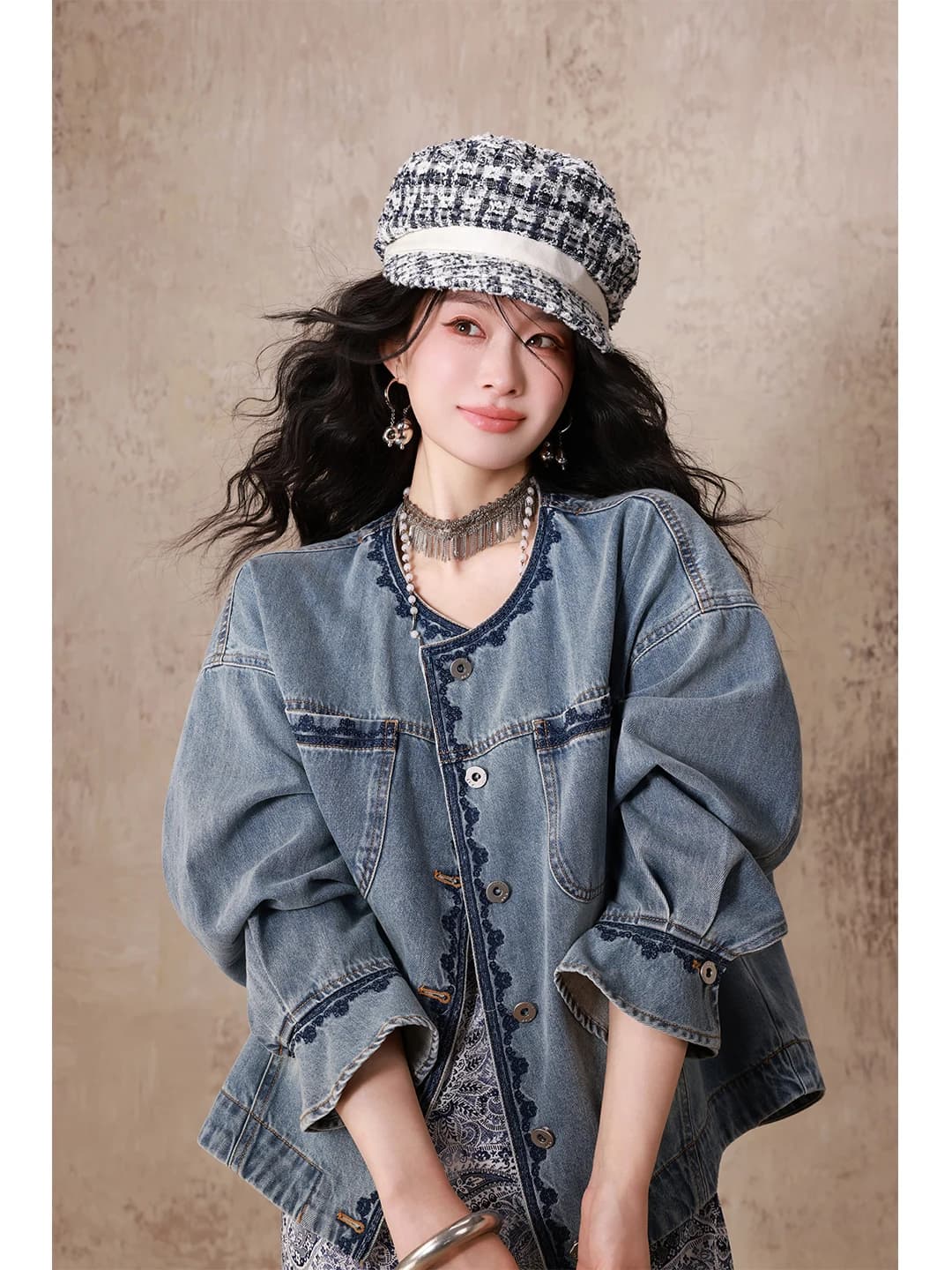 Spring 2026 Women's Casual Loose Fit Denim Jacket with Rope Embroidery Color Block Design Dangdang Somes New Arrival