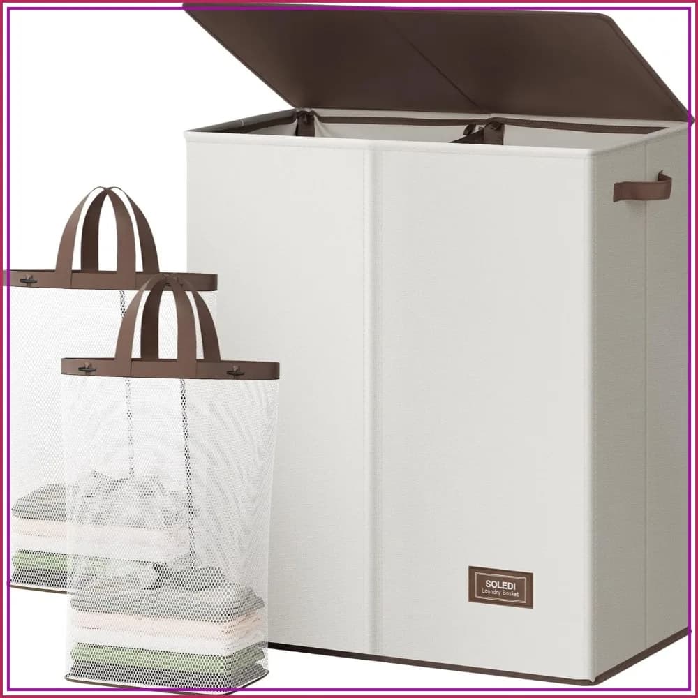 38.3 Gal Large Laundry Hamper with Lid and Removable Bags, 2 Section Collapsible Clothes Bin for Bedroom, Bathroom, Laundry Room