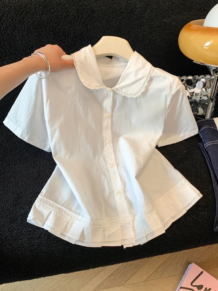 White Lace Splice Short Sleeve Shirt Women's Summer Design Sensation Slimming Blouse Floral Top Doll Collar Breathable S...
