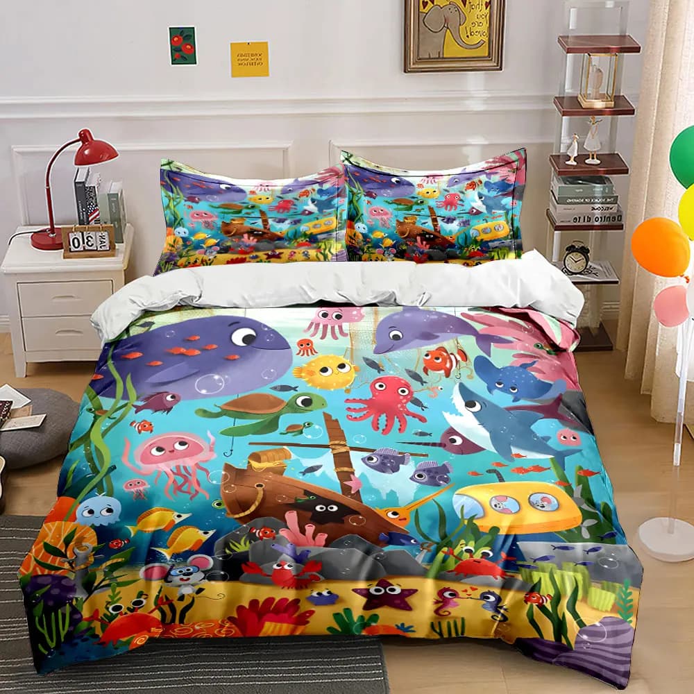 Scena subacquea colorata in stile cartone animato. Set di Biancheria da Letto Stampata: 1 Copripiumino e 2 Federe per Adulti e Bambini, Regalo di Lusso, Misura Completa