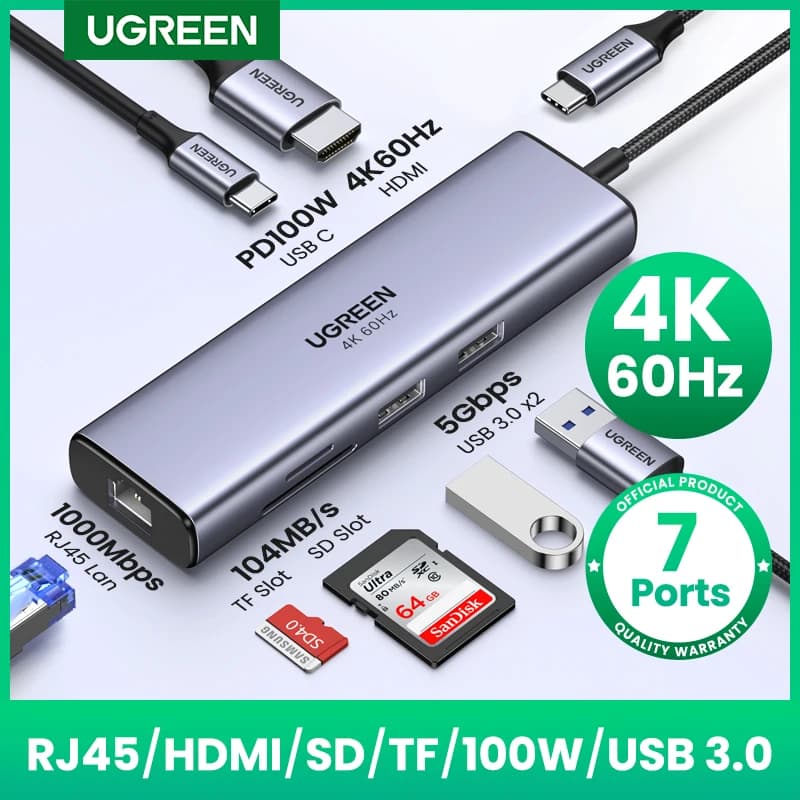 UGREEN USB-C HUB 7 in 1 Tipo-C a 4K60Hz HDMI HDR PD100W RJ45 SD e TF Porte USB 3.0 per MacBook Laptop Docking station splitter USB