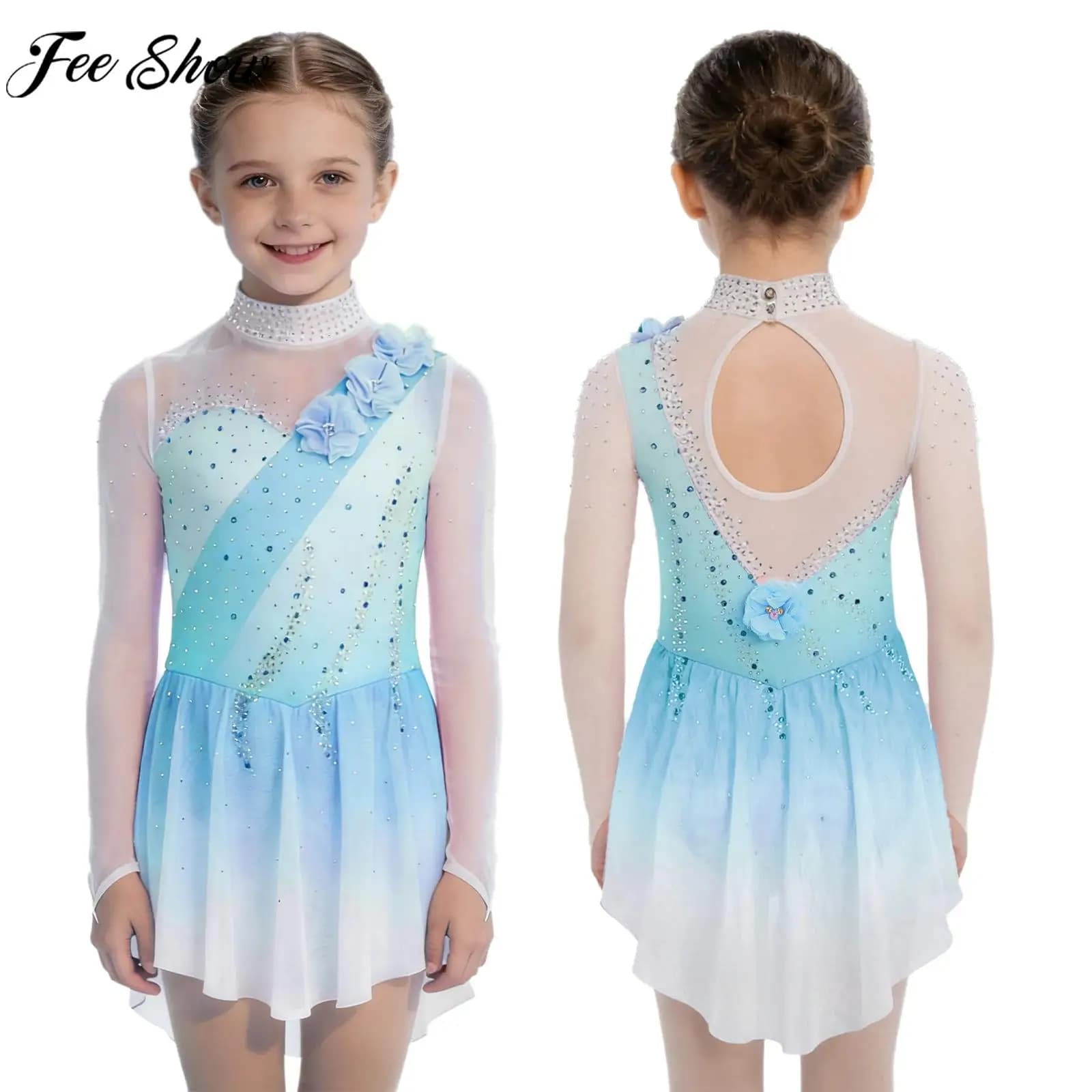 Vestito da pattinaggio artistico per ragazze per bambini Vestito da body con applicazioni di strass lucidi a rete trasparente per ginnastica Acrobazie Balletto Danza