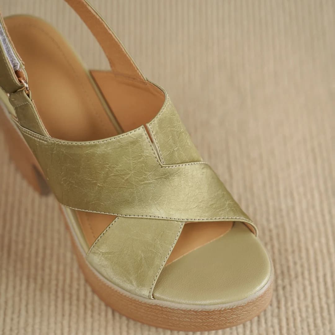 Women's genuine leather narrow band cross strap open toe slingback sandals 8cm chunky heel platform Bohemia style pumps shoes 40