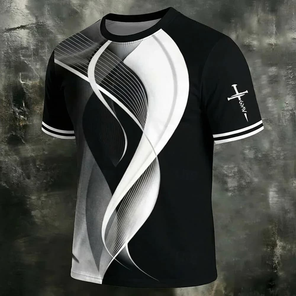 New Men's Abstract Line Print T-shirt O-neck Short Sleeve Striped Cuff Cross Sword Graphic Tee Summer Streetwear Casual Tops