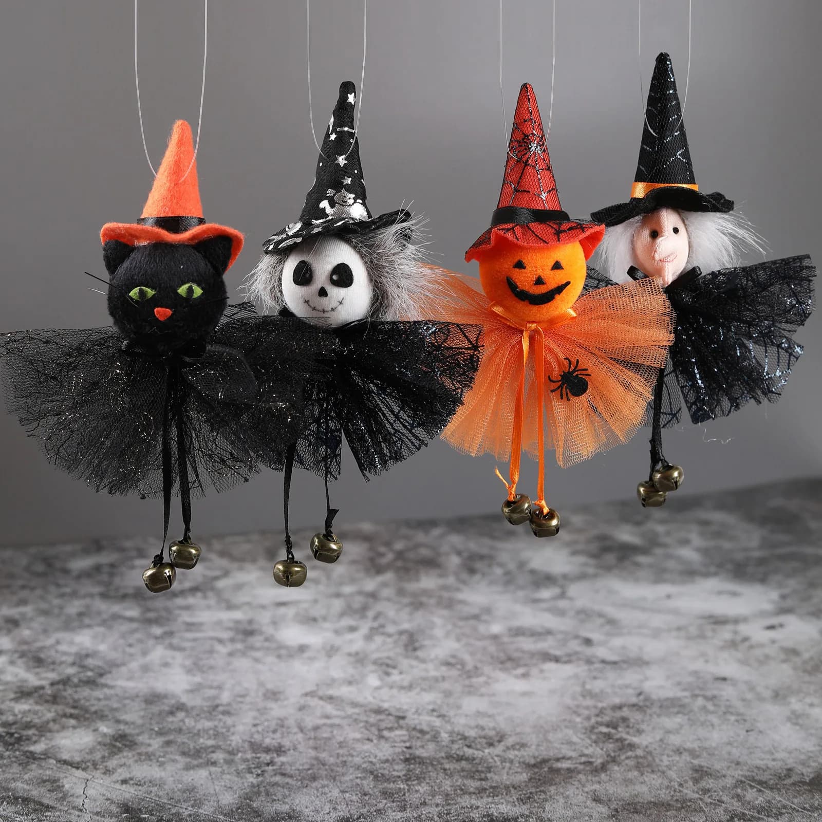 Halloween Plush Hanging Ornaments Witch Pumpkin Black Cat Skull Doll Pendant With Bells Home Window Tree Party Decorations