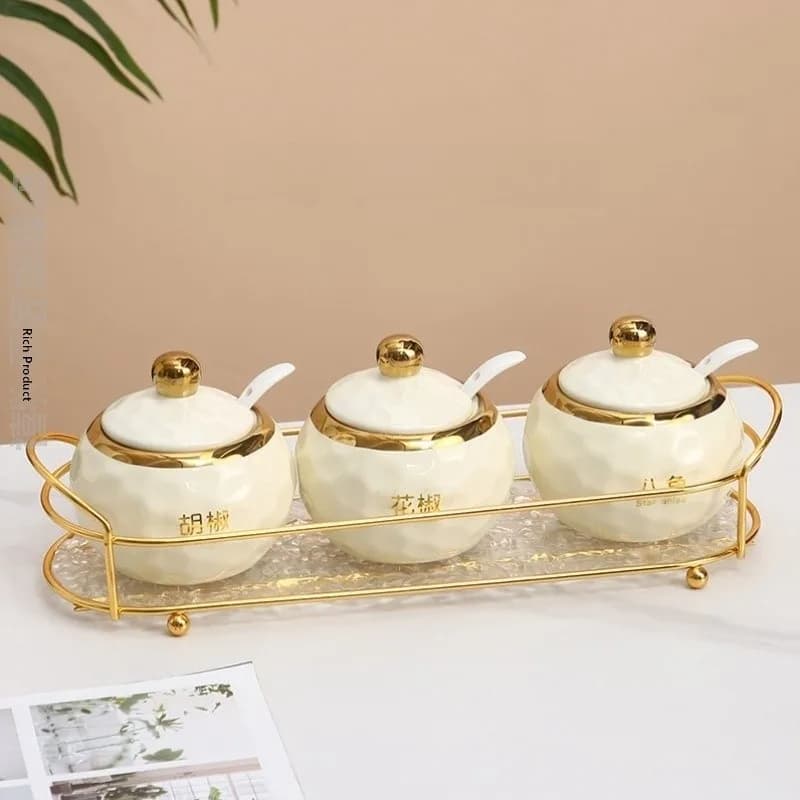 Luxury Home Use Ceramic Spice Jar Set Kitchen Storage Container for Salt Sugar Pepper Six-Shape Coverable Cooking Utensils