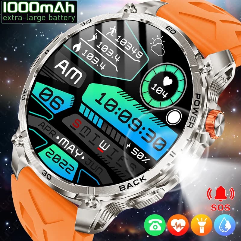 Nuovo Smartwatch da Esterno per Uomo con Batteria Super Capacitiva da 1000mAh, Braccialetto Cardiofrequenzimetro, Torcia LED, Impermeabile IP68