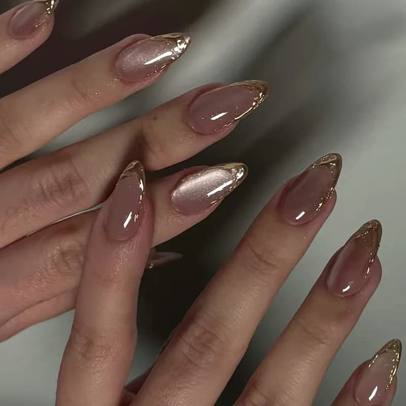 24 pezzi metallizzato cat eye francese velato manicure punta arte strutturata 3D acrilico unghie finte nude rosa mandorla media stampa sulle unghie finte