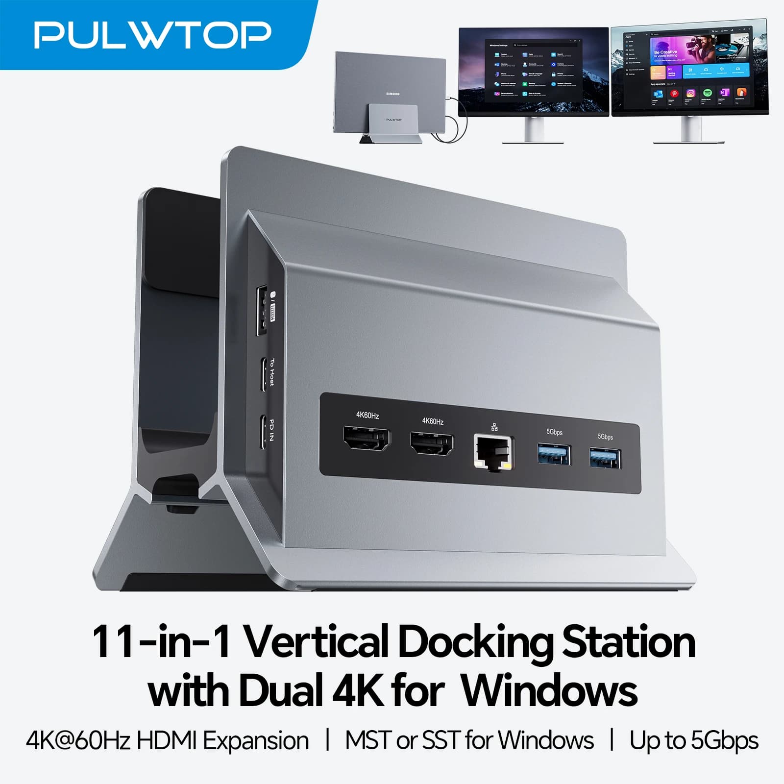 PULWTOP Double Monitor USB-C Laptop Docking Station, Vertical USB C dock support 11 in 1 with USB A 2.0, 2 * USB-A 5 Gbps for Laptop