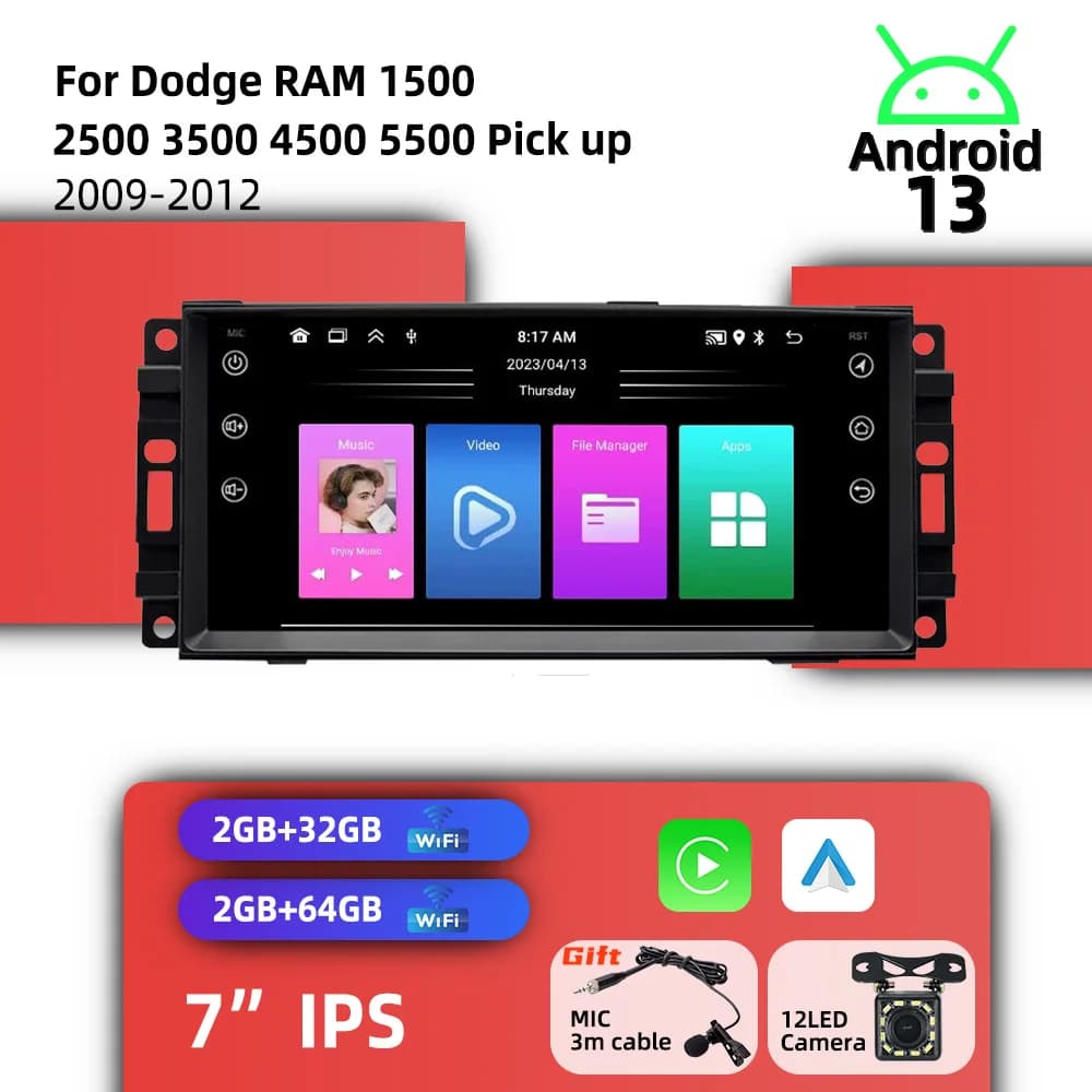 Autoradio Android 1 Din con Schermo da 7 Pollici e Carplay per Dodge RAM 1500 2500 3500 4500 5500 Pick Up 2009-2012