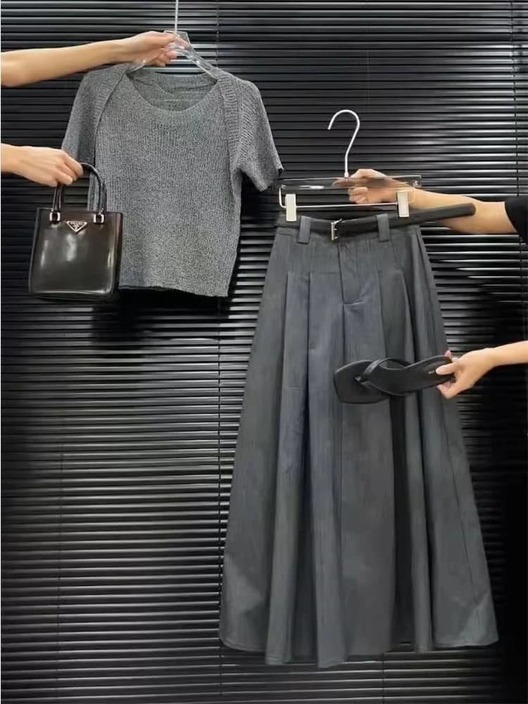 Elegant A-Line Skirt Suit High Waist Pleated Korean Style Commute Pure Color Summer Fashion Women's Premium Brand Outfit