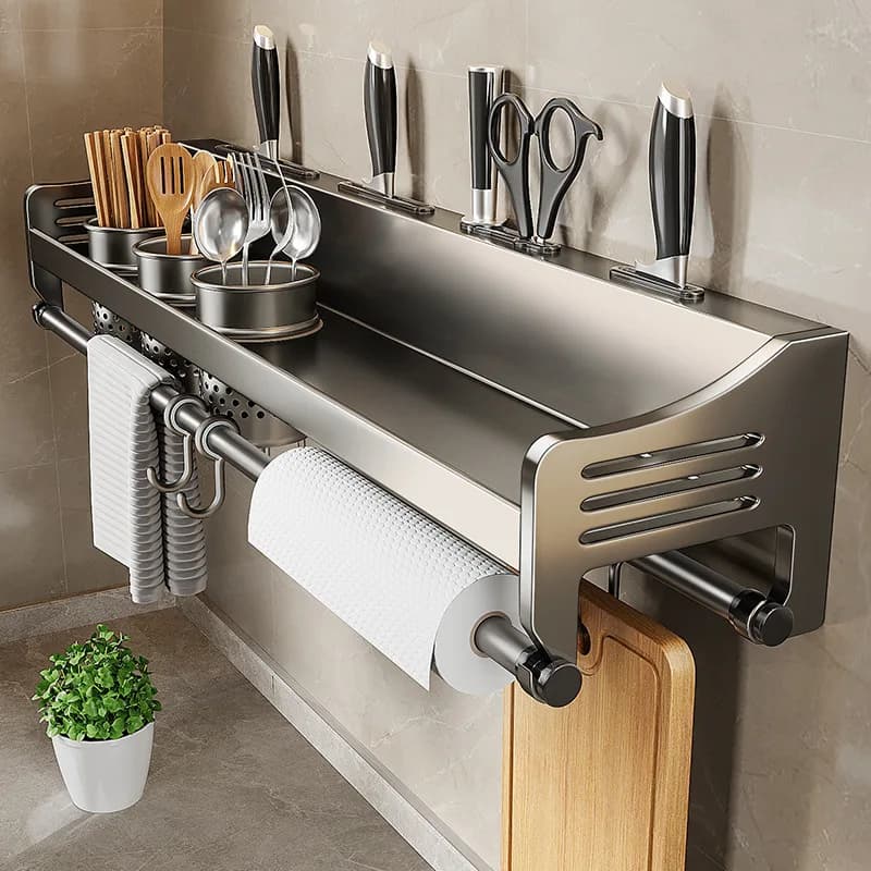 Portaoggetti da cucina in acciaio inossidabile, porta coltelli e bacchette da parete, scaffale organizzativo tutto in uno, nessuna perforazione richiesta