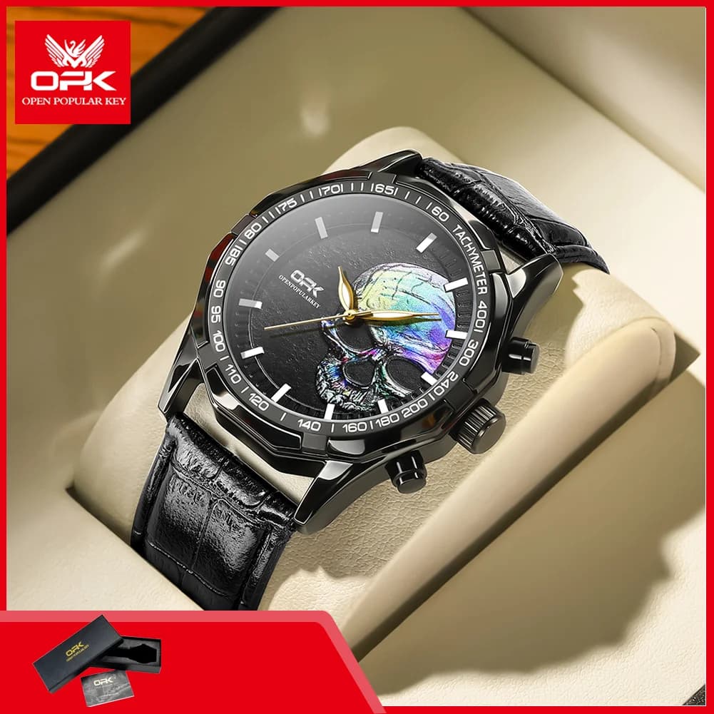 OPK 8140 Business Man Watch Leather Strap Waterproof HD Luminous Casual Fashion Quartz Men's Dress Wristwatch