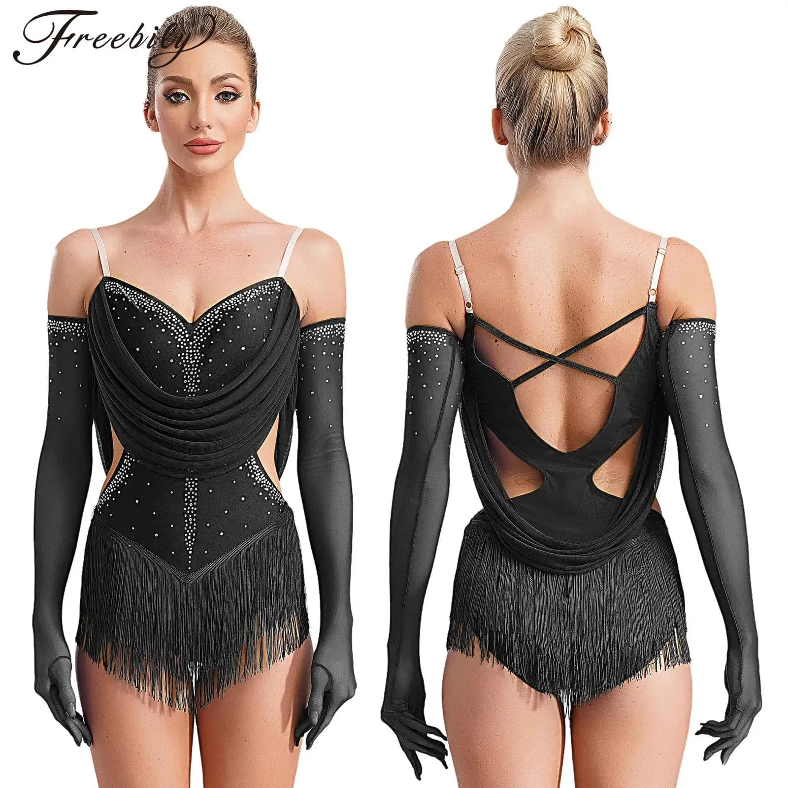Abito da ballo latino da donna Pattinaggio di figura Cha-cha Samba Tango Costume da ballo senza maniche Strass Nappa Body con guanti