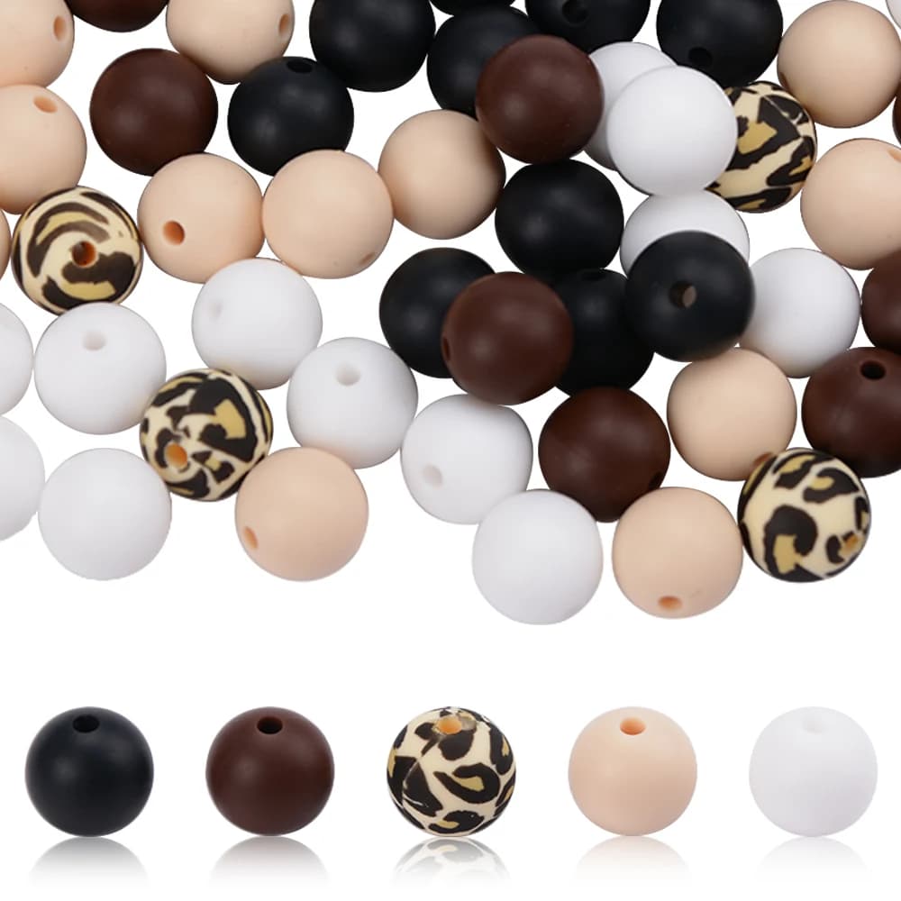 LOFCA 65pcs perline in Silicone con stampa mucca con stringa 12mm perline in Silicone di colore misto perline distanziatrici allentate per portachiavi collana fai da te
