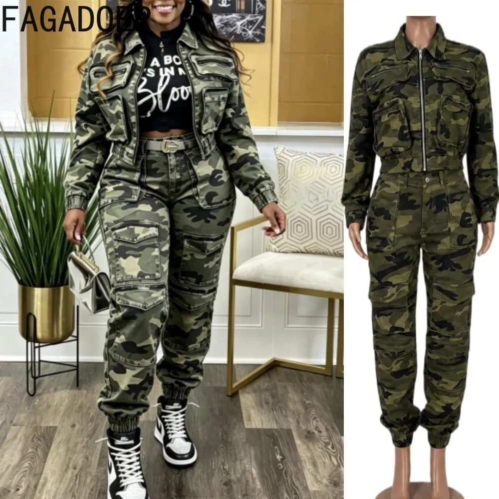 FAGADOER Camouflage 2 Piece Set Fashion Camo Multi Pocket Cargo Jacket Jogger Pants Outfit Streetwear Matching Tracksuit Autumn